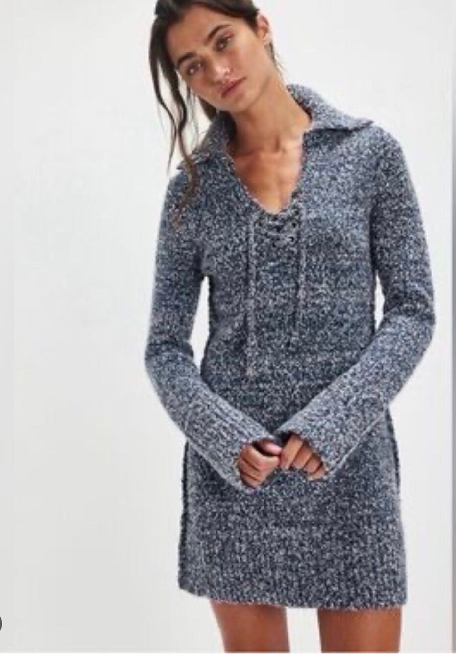 Free People Milena Blue Mini Textured Sweater Dress laced V-neckline Sz. Med NWT